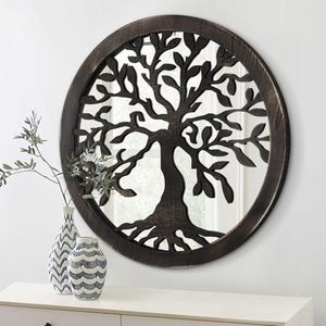 Farmhouse Round Wall Mirror Tree of Life Rustic Black Mirror Hanging Decorative Wooden Frame Circle Mirrors for Wall Decor for Garden Bedroom Living Room Bathroom or Entryway