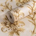 wolpin Wallpaper Non-Woven Non-Adhesive 53 cm x 9.5m (±3%) Baroque Floral Damask Design with Texture Beige and Gold