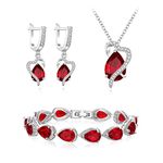 EVER FAITH Teardrop Cubic Zirconia Party Jewelry Set, Birthstone Love Heart Pendant Necklace Earrings Tennis Bracelet Set for Birthday/Mother's Day Jewelry Gifts for Mom/Wife/Friend Red Silver-Tone