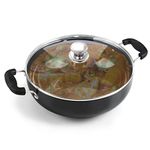 AGARO Elite Hard Anodised Kadhai with Glass Lid, 3.85L Capacity, 28 cm Diameter, Gas Oven Compatible, Riveted Handle, 3mm Thick Plate, Cooking, Frying, Serving, Black