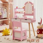 COSTWAY Kids Vanity Set, Girls Dressing Table with 3-Color Lights, Mirror Cabinet, Storage Drawers, Hooks & Shelves, Wooden Toddler Makeup Table and Chair Set (Pink)
