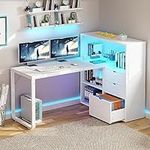 YITAHOME L Shaped Desk with Drawers, 55“ Corner Computer Desk with Power Outlets & LED Lights, Home Office Desk with Storage Shelves, Bookshelf, White