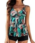 Genfien Women 2 Piece Tankini Swimsuits Double Shoulder Straps Printed Top with Boyshorts Swimwear Bathing Suit