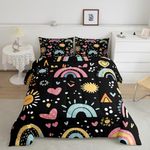 Erosebridal Kawaii Bedding Set Rainbow Quilt for Kids Toddlers,Cute Clouds Watercolor Raindrop Comforter Set Full Boho Floral Bohemian Flowers Duvet Insert,Rainbow Decor for Girls Bedroom Black