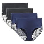 LIQQY Women's 4 Pack High Rise Underwear Combed Cotton Brief Breathable Lace Full Coverage Panty (Black/Navy Blue, Large)