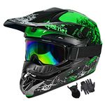 Youth Dirt Bike Helmets Motocross Helmet Fashion Kids ATV Helmets DOT Approved Off-Road Mountain Bike Helmets Motorcycle Helmet Man Women (Gloves Goggles FaceShield) (Green, Small)