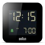 Braun Digital Travel Alarm Clock with Snooze, Compact Size, Negative LCD Display, Quick Set, Crescendo Beep Alarm in Black, Model BC08B.