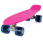 Penny Board Cruiser Skateboard by Land Surfer - 22 Inch Adults and Kids Skateboard For Street and Skatepark With Skateboard Bag - Pink Board/Transparent Blue Wheels