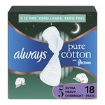 Always Pure Cotton Feminine Pads for Women, Size 5, Extra Heavy Overnight, with wings, Unscented, 18 CT