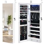 COSTWAY 6 LED Lights Jewelry Cabinet, Door Hanging/Wall Mounted Jewelry Armoire with Full Length Mirror, Lockable Cosmetics Makeup Jewellery Storage Organiser Unit for Bedroom Dressing Room (White)