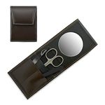 Mont Bleu 3-piece Manicure Set with Mirror and Crystal Nail File, in Premium Umber Brown Leathere Case | Italian Scissors - Czech Crystal Nail File - Unique German Case with a Mirror