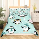 Erosebridal Cartoon Penguin Bedding Set Queen Size for Girls Boys Kids Christmas Themed Duvet Cover Merry Christmas Comforter Cover White Snowflake Bedspread Cover Happy New Year Xmas Bedding