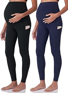 POSHDIVAH 2Pcs Women's Maternity Workout Leggings Over The Belly Pregnancy Yoga Pants with Pockets Soft Active Wear Work Pants Black Navy Small