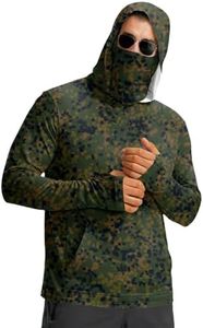 Hooded Sun Shirts for Men - Fishing Hoodies for Men with Hood & Face Mask & Thumb Hole Camouflage Print Long Sleeve UV Protection Shirt Men Breathable Rash Guard Shirt - Hiking,Fishing,Camping,Travel