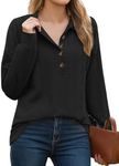 Cnlinkco Black Polo Shirts for Women Long Sleeve Blouses Work Casual Textured Tops Button Down V Neck Shirt Fall Tops 2024