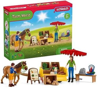 schleich FARM WORLD 42528 — Set de Puesto de Venta Sunny Day — Tenderete Móvil, 2 Granjeros, Caballo y Accesorios — Complemento para la Granja de Juguete — Juguetes para Niños de 3 Años o Más
