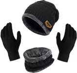 HUNTSMANS ERA Winter Knit Beanie Cap Hat Neck Warmer Scarf and Woolen Gloves Set Skull Cap for Men Women (3 Piece) (BLACK)