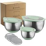 Navaris Stainless Steel Mixing Bowls with Graters (Set of 3) - Baking or Cooking Bowl Set with Lids, Grater Attachments, Non-Slip Silicone Base - Mint Green