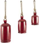 Deco 79 Metal Decorative Cow Bells Tibetan Inspired with Jute Hanging Rope, Set of 3 10",8",6"H, Red