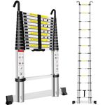 Exleiter Extendable Telescopic Ladder 3.8M, Aluminium Telescoping Ladder with Detachable Hooks and Stabiliser Bar, Adjustable Height Portable Sturdy Loft Ladder Secure Climbing for Home