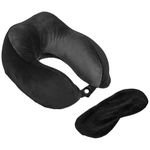 amazon basics Memory Foam Travel Neck Pillow + Sleeping Eye Mask + Noise Isolating Ear Plugs Combo | Portable Bag | Orthopedic Neck Support, Soft Fabric | Airplane, Car, Home (Black and Grey)