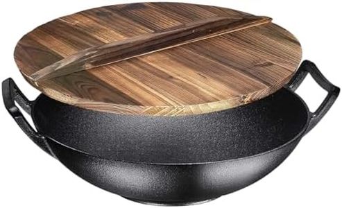 Bruntmor 14 Inch Pre-Seasoned Cast Iron Wok/ Pot. 14" Nonstick Skillet Pan With Large Loop Handles & Flat Base & Lightweight Wooden Pot Lid Cover. Koockingware For Kitchen/ Indoor/ Outdoor Camping.