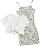 OYOANGLE Girl's 2 Piece Outfits Floral Print Sleeveless Cute Cami Dresses and Short Sleeve Lettuce Trim Tie Front Top Sets Multicolor 13-14Y