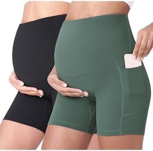 POSHDIVAH 2PCS Black Crab Green Women's Maternity Yoga Shorts Over The Belly Bump Summer Workout Running Active Short Pants with Pockets 5" X-Large