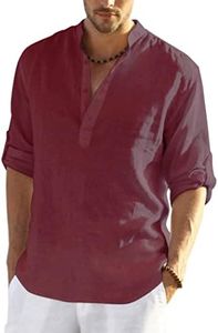 COOFANDY Men's Cotton Linen Henley Shirt Long Sleeve Hippie Casual Beach T Shirts Wine Red