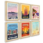 PAPER PLANE DESIGN Travel Theme Framed Wall Decor Posters Wall Art Set of 6. Natural Shade Frames (E)