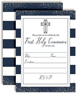 Navy and Silver Stripes First Holy Communion Religious Party Invitations Ten 5x7 Fill in Cards with 10 White Envelopes by AmandaCreation