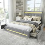 BTM Double Bed Frame 4FT6-135x190cm, Double Bed with 4 Drawers and Light Strips Around, Upholstered Double Bed with Headboard & Metal Underbed Bracket, Grey Velet Bed, No Mattress