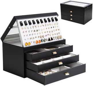 ProCase Jewelry Box for Women Girls, 4-Layer Large Jewelry Organizer Box with Glass Lid, Jewelry Holder Organizer Jewelry Storage Case for Earrings Bracelet Necklace Rings -Black