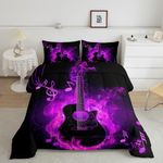 Electric Guitar Kids Comforter Set Full Size,Rock Music Theme Guitar Musical Notes Duvet Set Bedroom Decor,Neon Purple Glowing Modern Artistic Microfiber Soft Bedding Set