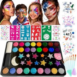 Face Painting Kit, Oil Based Body Paint Waterproof Sweatproof Non-Toxic Facepaint Palette with Brush, Stencil, Sponge, Gem, for Party Halloween 4th of July World Cup (40 Colors Kit)