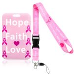 NEWEST Breast Cancer Awareness Lanyard ID Badge Holder, Pink Ribbon Keychain Lanyard Accessories for Teachers Women Gifts, Pink