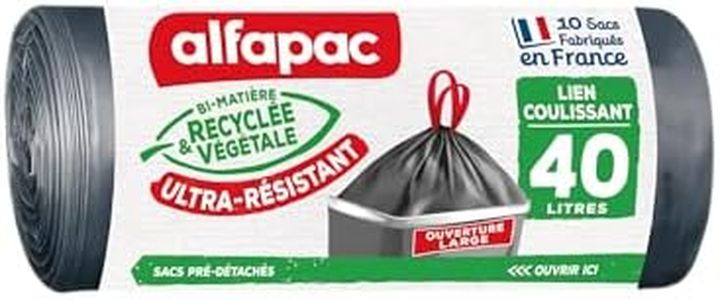 Alfapac- 10 sacs-poubelle 40L à lien coulissant ultra-resistant - ouverture large - fabriqués en France - bi-matière recyclée & végétale
