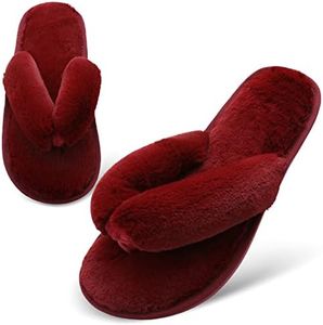 JOINFREE Thong Slippers Fuzzy Faux Fur Slippers House Shoes Fluffy Slides for Women Leopard Wine Red 5.5-6.5 M