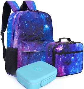 Fenrici Kids Backpack with Lunch Box & Bento Box Matching Set, Laptop Backpack, Insulated Lunch Bag for Girls, Boys, Purple Galaxy