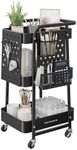 SONGMICS 3-Tier Storage Cart, Rolling Utility Cart, Metal Mesh Shelves, 2 Removable Pegboards, 2 Hanging Holders, 4 Hooks, Craft Cart for Living Room, Kitchen, Office, Bathroom, Ink Black ULRC037B01