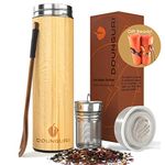 DOUNGURI Bamboo Tea Tumbler Mug with Strainer Infuser - 14 oz. Vacuum Insulated Stainless Steel Thermos with Filter for Loose Leaf/Coffee Travel Bottle/Hot and Cold Water/Leak Proof/Gift Ready