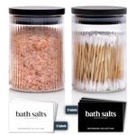 Mason & Fable Ribbed Glass Bathroom Jars with Airtight Black Bamboo Lids | Cotton Pad/Buds/Q tip Holder | Bath Salt/Small Makeup/Clear Vanity Apothecary Storage Canister, 300ml – Set of 2