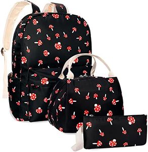 Mushroom School Backpack for Girls, Kids Teen School Bags Bookbags with Lunch Box and Pencil Case