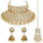 Peora Indian Ethnic Gold Plated Rani Padmavati Kundan Pearl Bridal Big Choker Necklace Earrings, Maang Tikka Traditional Jewellery Set for Women Girls (White)