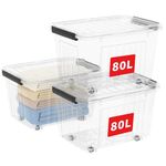 Cetomo 80L*3 Storage Boxes with Wheels, Plastic Storage Bins with Lids, Latching Buckles, Click Closure, Stackable, Nestable, Organizer for Home Office Clothes, Clear, 80L-3 Pack