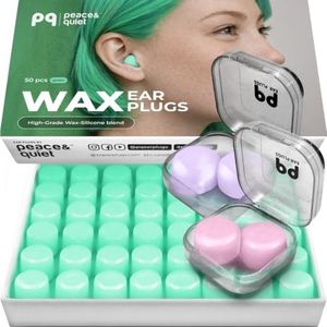 Peace&Quiet PQ Wax Ear Plugs for Sleeping, Swimming - 50 Soft Noise Cancelling Silicone Gel Wax Earplugs for Sleep and Swimmers, Ear Protection with Sound Blocking Level, Green