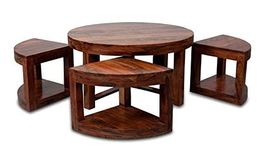 MURARAKA ART Wooden Round Coffee Table with Stools, Decorative Four Seater Coffee Table with Wooden Chairs, Modish Wooden Furniture for Home Decor, 144.8 x 90 x 76.2cm