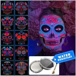 Jim&Gloria Sugar Skull Face Paint Day of the Dead Mask Water-Resistant Black and White FacePaint + 10 Glow In the Dark Tattoo, Sweatproof Body Painting, Halloween Sfx Makeup Costume, Skeleton Stickers