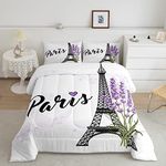 Eiffel Tower Comforter Set Purple Lavender Flowers Print Bedding Set, Romantic Paris City Floral Style Decor for Kids Girls Boys Teens, Queen Size 3pcs Polyester Quilt Duvet for Dorm Bedroom