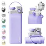 Collapsible Water Bottles, 20oz Silicone Reusable Water Bottle with Straw and Strap, Leakproof Foldable Sports Water Bottle for Travel Camping Running Hiking Gym, BPA Free